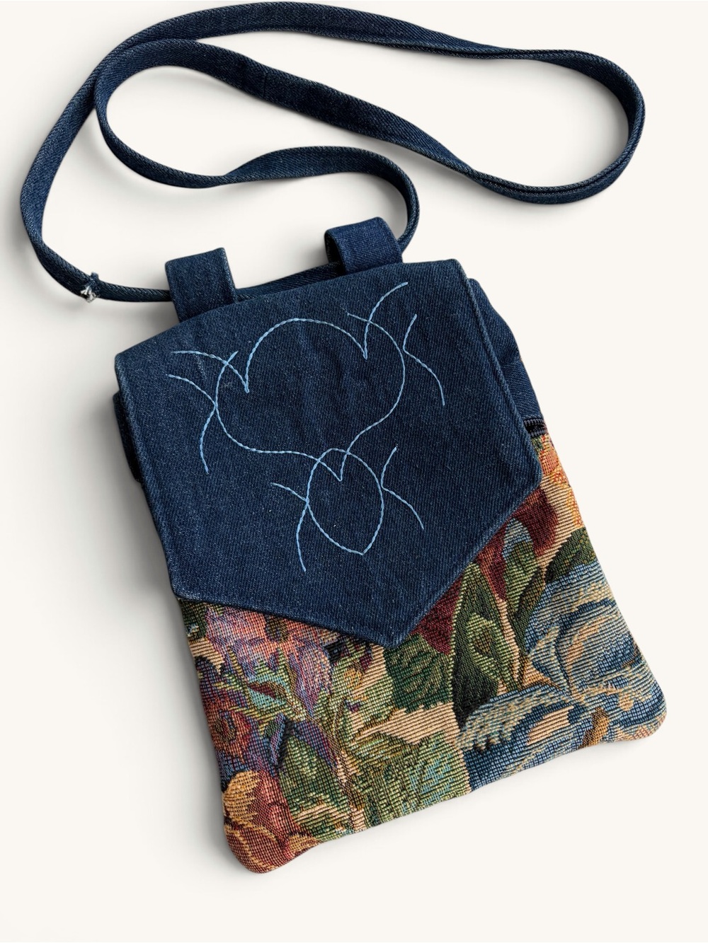 Vintage Denim & Tapestry Crossbody Bag - Navy Blue with Multicolor Floral
